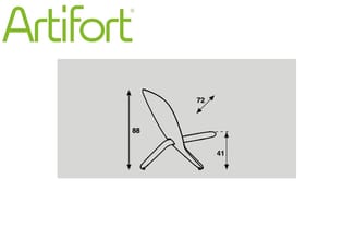 Artifort draaistoel met afmetingen: hoogte 88 cm, zitdiepte 41 cm, rugbreedte 72 cm. Technische tekening met maatvoering.
