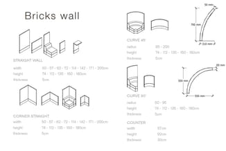 Brickwall systeemelementen: rechthoekige wanden, hoekstukken, en gebogen elementen (45° en 90°) met afmetingen en technische