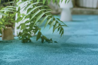 Blauwtinten tapijt met potplanten in beige potten tegen witte wand en houten elementen.