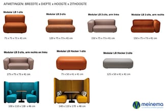 Modulaire banken en hoekzitjes in bruintinten en grijs met afmetingen, plus twee hoekopstellingen met hoge rugleuning in blau