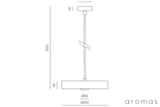Technische tekening van een hanglamp Aromas met afmetingen: totale hoogte 1520mm, lampenkap diameter 250mm, fitting diameter