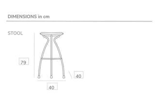Technische tekening barkruk met afmetingen: hoogte 79 cm, zitdiameter 40 cm, voetafstand 40 cm.