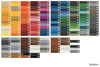 DeVorm kleurenkaart met tientallen kleurstalen, genummerd van 1000 tot 9023, in tinten beige, oranje, rood, paars, blauw, gro