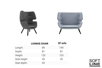 Twee grijze fauteuils naast elkaar: lounge chair (89x81x125cm) en 2P sofa (149x81x125cm) met afmetingen en zithoogte gespecif