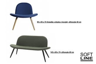 SOFT LINE meubelcollectie: blauwe stoel (80x65x74cm) en grijsgroene bank (143x66x74cm), beide met houten/metalen poten.