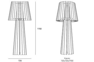 Pyknic akoestische hanglamp in twee weergaven: bovenaanzicht van de lampenkap en volledige zijkant. Afmetingen 725x725x1700mm