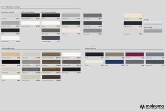 Kleurenpalet met chrome- en poedercoatings, zijdeglans, soft touch en fijne textuurcoatings in grijs, zwart, wit en groen. St