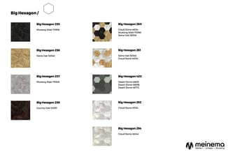 Big Hexagon collectie floorplansamples: 10 hexagonale tegelmonsters in verschillende kleuren en materialen zoals leisteen, ei