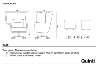 Technische tekening Quinti bureaustoel met dimensies: zitbreedte 95mm, rugbreedte 69mm, hoogte 110mm. Kubus voetsteun L52 P40