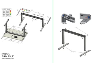 HALDEN SIMPLE hoogteverstelbaarheid tafel, montagehandleiding met afmetingen (1200-1800mm), onderdelen en details linker- en