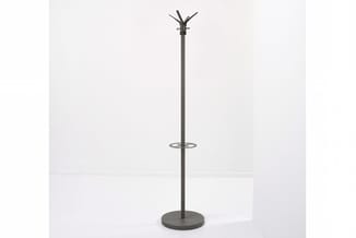 Staande garderobe met donkergrijs metalen frame, ronde voet en hanger aan bovenkant, middenbalk voor tassen.