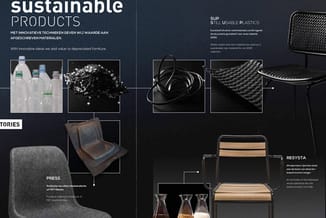 Presentatie van duurzame productcollecties: gerecyclede plastic flessen, materialen, PET-stoelen, en houten stoelen (Resysta)