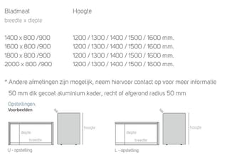 Technische specificaties voor aluminium kasten met afmetingen (breedte x diepte) en hoogteopties, inclusief diagrammen U- en