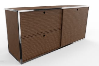 Houten kastmeubel met donkerbruin fineer, witte rand, twee schuifdeuren en horizontale groeven, kantoorwerk.