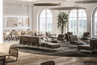 Modern kantoorruimte met grijze loungezetels op tapijt, hoge ramen, hangende planten, werkplekken met lichte stoelen op achte
