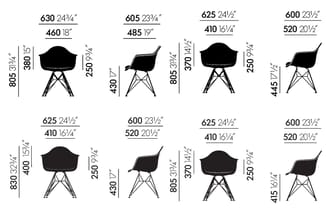 Acht zwarte stoelen met armleuningen en draadframe onderstel. Technische afmetingen weergegeven: zit- en rughogte, totale hoo