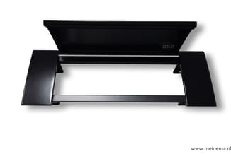 Zwarte draagbare laptop-standaard Bachmann met uitklapbare aluminium steunen, bovenaanzicht.