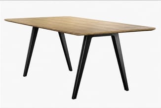 Vergadertafel met natuurlijk houten blad en zwart stalen poten, rechthoekig ontwerp.