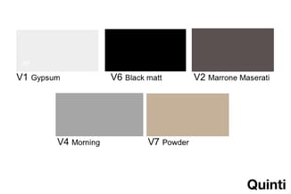 Vijf kleurstalen voor Quinti: V1 Gypsum (wit), V6 Black matt (zwart), V2 Marrone Maserati (grijs-bruin), V4 Morning (grijs),
