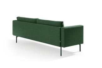 Groene loungebank met grijsgroene stoffering, rechte armsteunen en zwarte poten, weergegeven vanuit zijperspectief.
