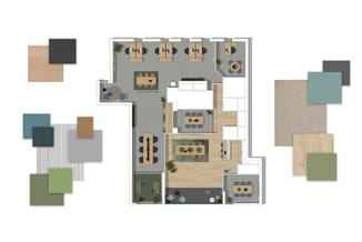 Plattegrond kantoorinrichting met werkplekken, vergadertafels, zitgroepen, kasten en akoestische panelen in grijs, hout en gr