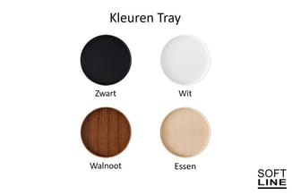 Kleuren Tray: vier ronde dienbladen in zwart, wit, walnoot en essen, gemaakt door Soft Line.