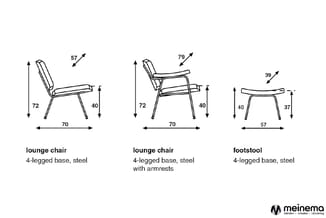 Technische tekeningen van drie zitmeubels: twee loungestoelen (70x72cm) en één voetenbankje (57x40cm), alle met stalen vierpo