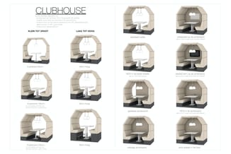 Clubhouse akoestische telefooncel in beige en donkergrijs met verschillende uitvoeringen: klein tot groot model, hoogtevarian
