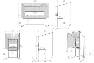 Technische tekeningen van akoestische belcellen met afmetingen in inches en centimeters, verschillende aanzichten en deurvari
