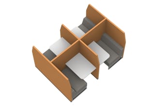 Houten scheidingswanden met grijze en witte kussens in modulaire opstelling, isometrisch bovenaanzicht.