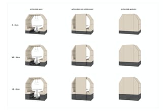 Drie akoestische belcellen in beige en zwart, elk in drie varianten: open, met middenwand en gesloten. Groottes B (46cm), MB