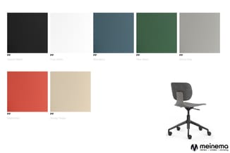 Kleurstalen PP in Classic Black, Pure White, Blue Berry, Pine Green, Stone Grey, Maple Red en Simply Taupe. Rechts een kantoo