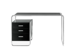 Bureau met drie zwarte laden aan linkerzijde, grijs blad, chroom frame.