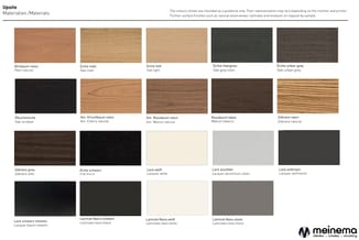 Materiaalstalen Upsite: houten finishes (berkenhout, eik, zebrano, noten), grijstinten, zwarte, witte en metallic lakkeurig.