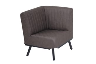 Grijze hoekfauteuil met verticale stiksels, zwarte poten, modern design.