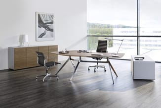 Modern kantoor met houten bureau, zwarte ergonomische stoelen, houten kastenwand en grote ramen met uitzicht op groen landsch