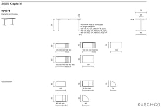 4000 Klaptafel 4000/6 met technische tekeningen: rechthoekige tafel met afmetingen, uitklapblad, tussenbladenopties en divers
