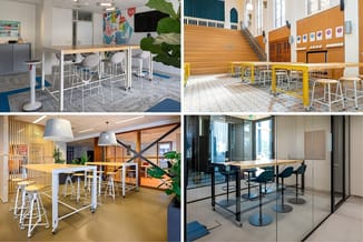 Vier kantoorinrichtingen met verschillende werkplekken: staande tafels met witte en gele frames, houten conferentietafels, li