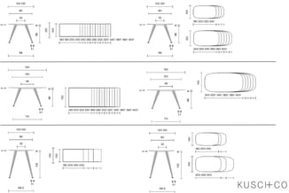 Technische tekeningen van vergadertafels met afmetingen en configuratievarianten. Stafel- en bladvarianten weergegeven met ma