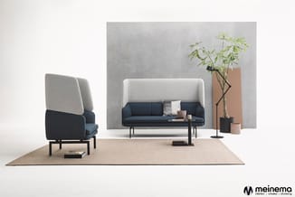 Moderne lounge-opstelling met grijze fauteuil, donkerblauwe sofa met grijze rug, salontafel, plant in pot en beige tapijt teg