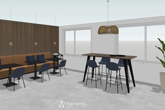 Modern kantoor met bruine lounge bank, donkerblauwe stoelen, houten bartafel met barkrukken, goudkleurige hanglamp en houten