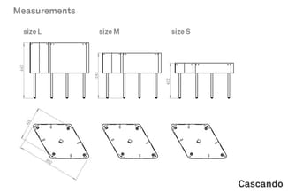 Cascando meubelmaten: zijaanzicht en bovenaanzicht van sofa's in maat L, M en S met afmetingen in centimeters.
