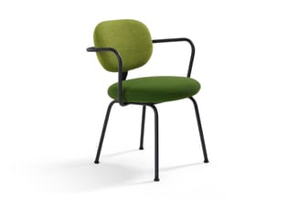 Groene stoel met armleuningen en rugleuning, zwart metalen frame met vier poten, grijsgroene stofbekleding.