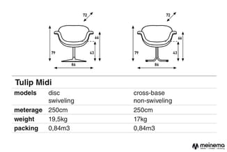 Tulip Midi stoel in twee uitvoeringen: disc swiveling en cross-base non-swiveling. Technische afmetingen en gewichten weergeg
