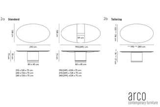 Arco vergadertafels: standaard en tailoring versies met ovale blad, afmetingen en inlegstukken. Zwart onderstel, wit blad.
