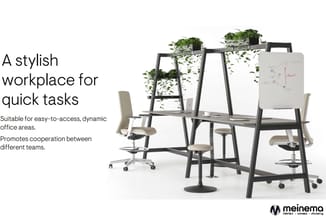 Modulair werkplek met zwart stalen frames, witte werkbladen, beige bureaustoelen, hangende plantenbakken en whiteboard. Gesch