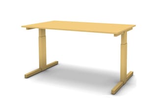 Houten bureau met rechthoekig blad en twee T-vormige poten in natuurlijke houtkleur, tegen witte achtergrond.