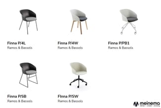 Vijf stoelvarianten Finna P van Ramos & Bassols: 4L met zwart frame, P/4W met houten poten, P/PB1 met wielen, P/SB met sled f