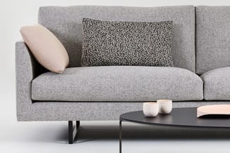 Grijze moderne bank met textielbekleding, beige ronde kussen, donkere salontafel en witte decoratieve objecten tegen witte wa