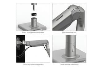 Smart Stop blokkeringssysteem, balansveer indicator, eenvoudig kabelmanagement en Quick Release snelsluiting op monitoarm - t